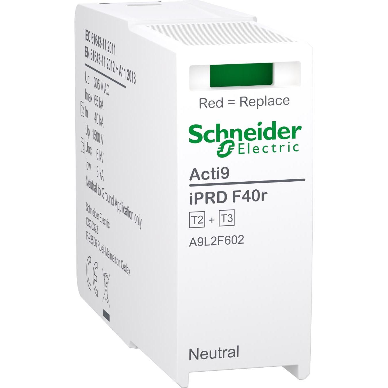 Schneider, Überspannungsschutz, Ersatzschutzmodul für Überspannungsableiter iPRD F40r 3P+N, Typ 2+3, N-PE Modul, integr....