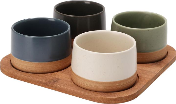 Image du produit Excellent Houseware Edles Schalen-Set 5-tlg: Dunkles Bambus-Tablett & 4 Bunte Dipschalen aus Steinzeug