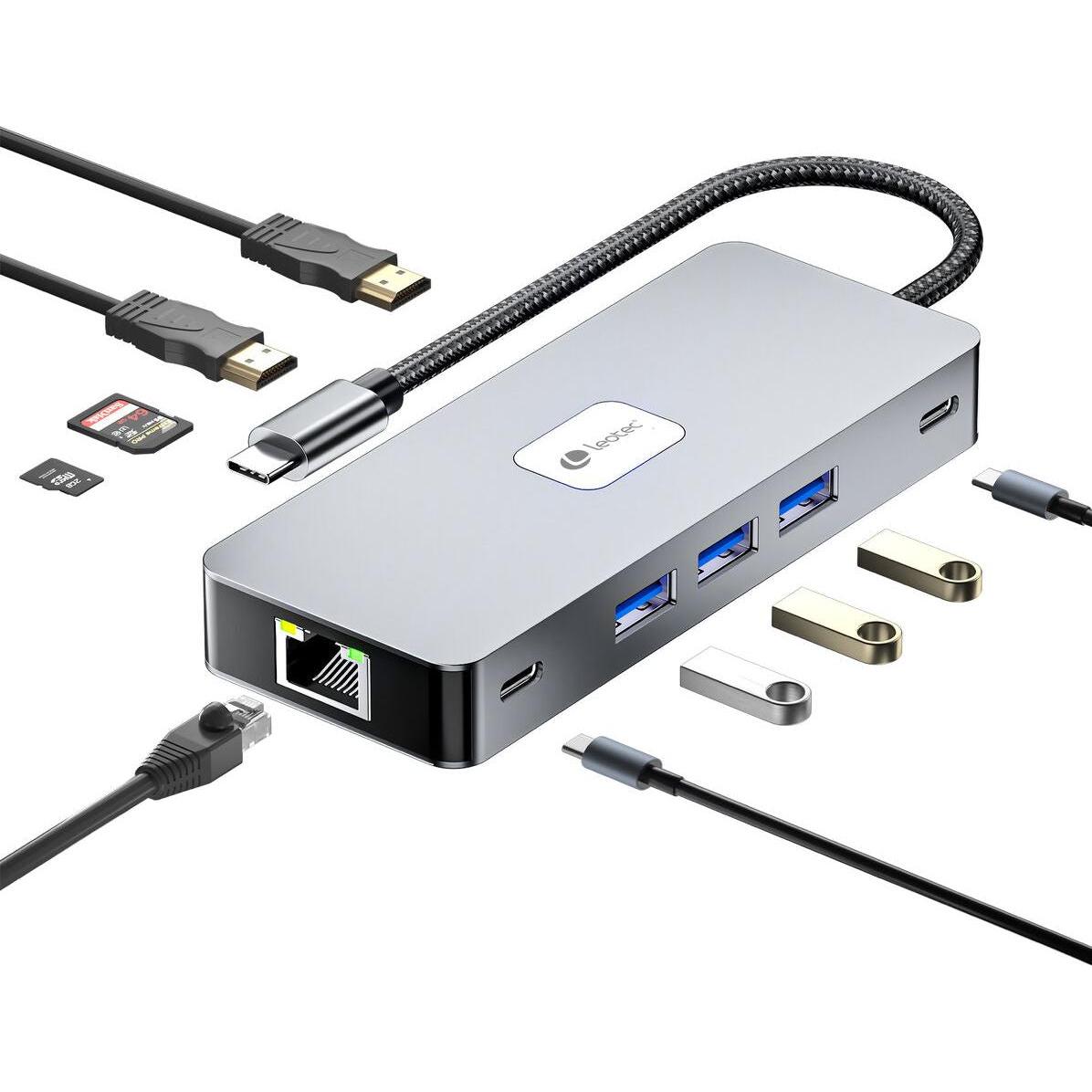Leotec DOCKING STATION 10-1 1USB-C PD100 3USB3.0 1USB-C 2HDMI GGL LEC TJSD MCSD (USB-C), Docking station + Hub USB, Nero