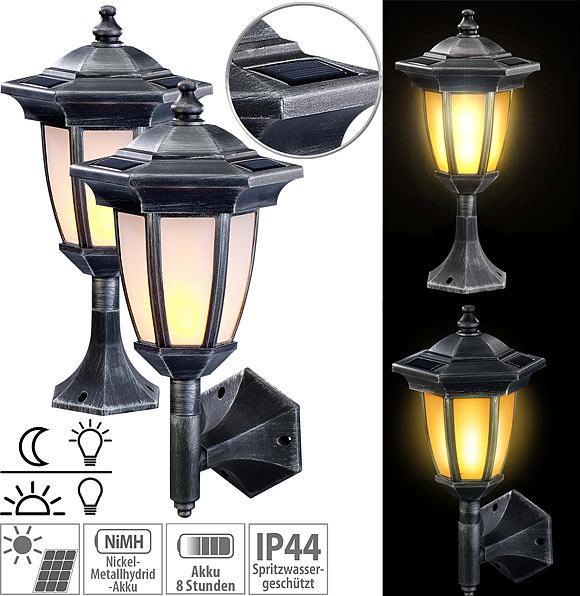 Produktbild Lunartec 2er-Set Solar-LED-Stand- & Wandlaternen mit Flammeneffekt (IP44)