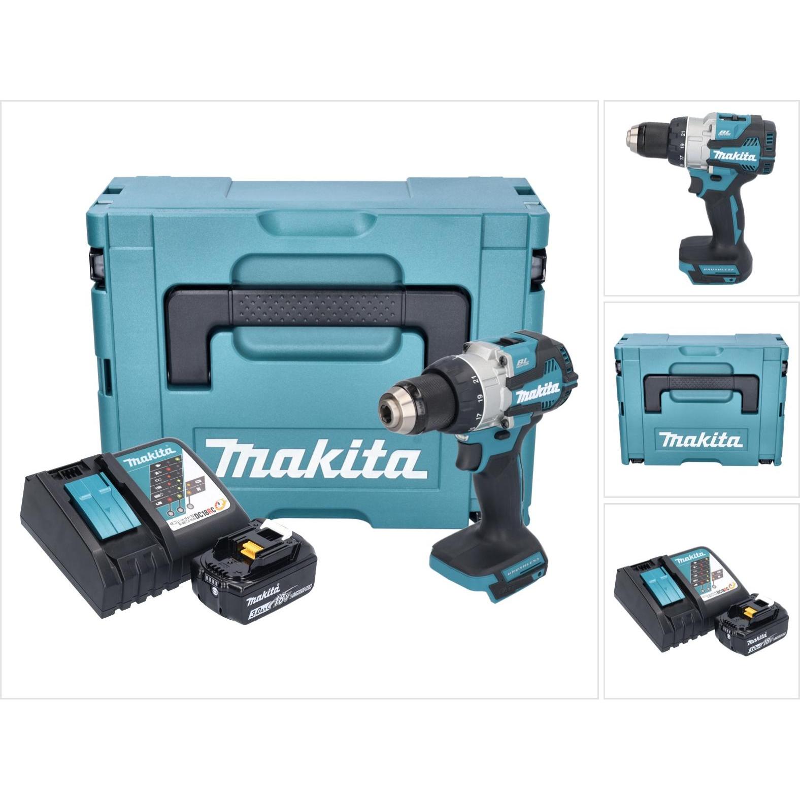 Makita, Bohrmaschine + Akkuschrauber, DDF 489 RF1J Akku Bohrschrauber 18 V 73 Nm Brushless + 1x Akku 3,0 Ah + Ladegerät ...