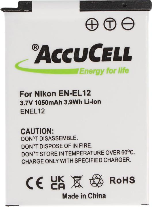 Actual product image AccuCell Battery suitable for Nikon EN-EL12 battery, CoolPix S610, S610C, S710, 44.5 x 31.9 x 7.9mm (Camera battery)