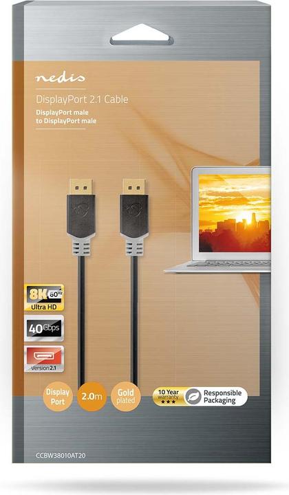 Produktbild Nedis Displayport-Kabel | DisplayPort Stecker | DisplayPort Stecker | 8K@60Hz | Vergoldet | 2.00 m | (2 m, DisplayPort, 2.1)