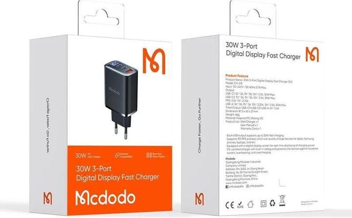 Actual product image Mcdodo CH-2180 2xUSB-C + USB-A, 30W mains charger with display (black) (30 W, 3 ports)