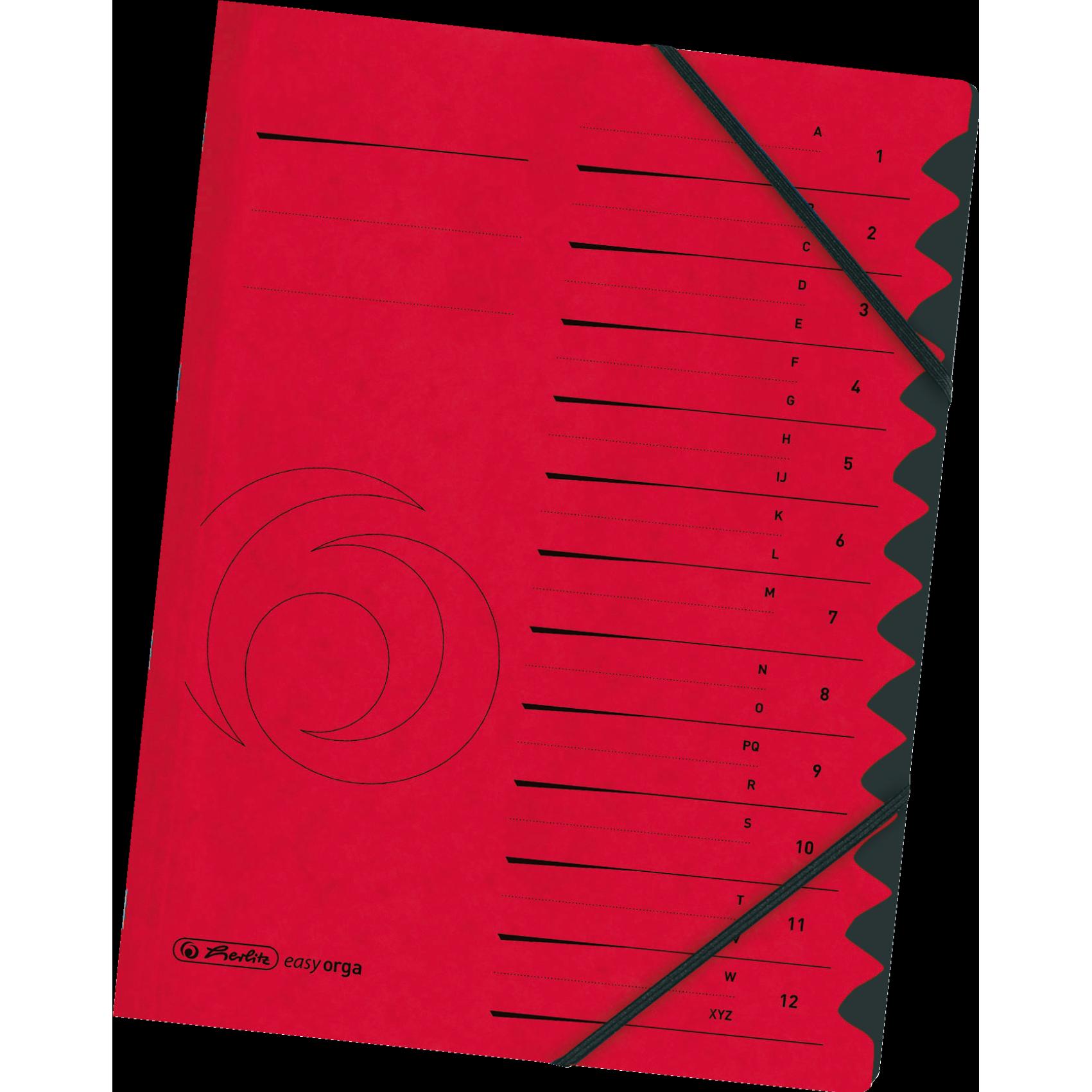 Herlitz, Mappe, Ordnungsmappe easyorga, A4, Karton, 12 Fächer, rot Colorspan-Karton, 355 g-qm, innen schwarzer Manil (A4...
