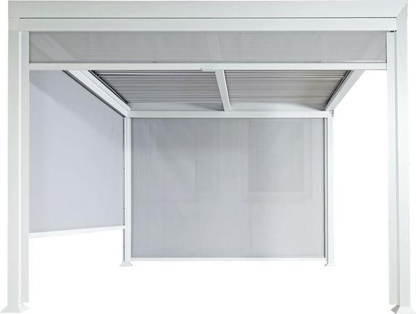 Produktbild Mendler Alu Pergola HWC-L41 mit 3x Seitenwand, Lamellen-Pavillon, stabiles 8cm-Metall-Gestell 3x3,7m – weiss (306 cm, 368 cm)