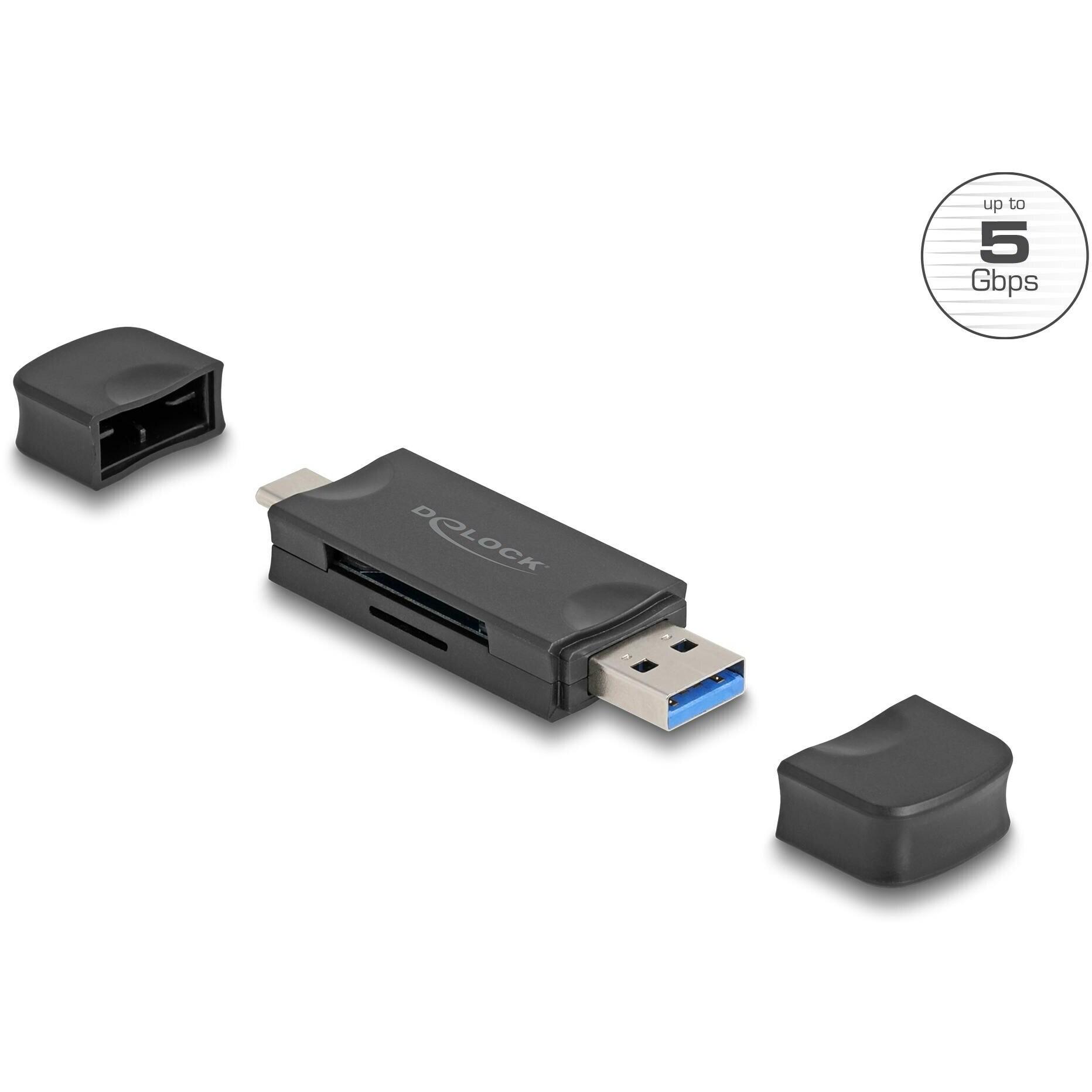 Delock Card Reader USB 5 Gbps USB Type-C / Typ-A fÃ¼r SD und Micro SD Speicherkarten schwarz (USB-C), Lettore di schede di memoria, Nero