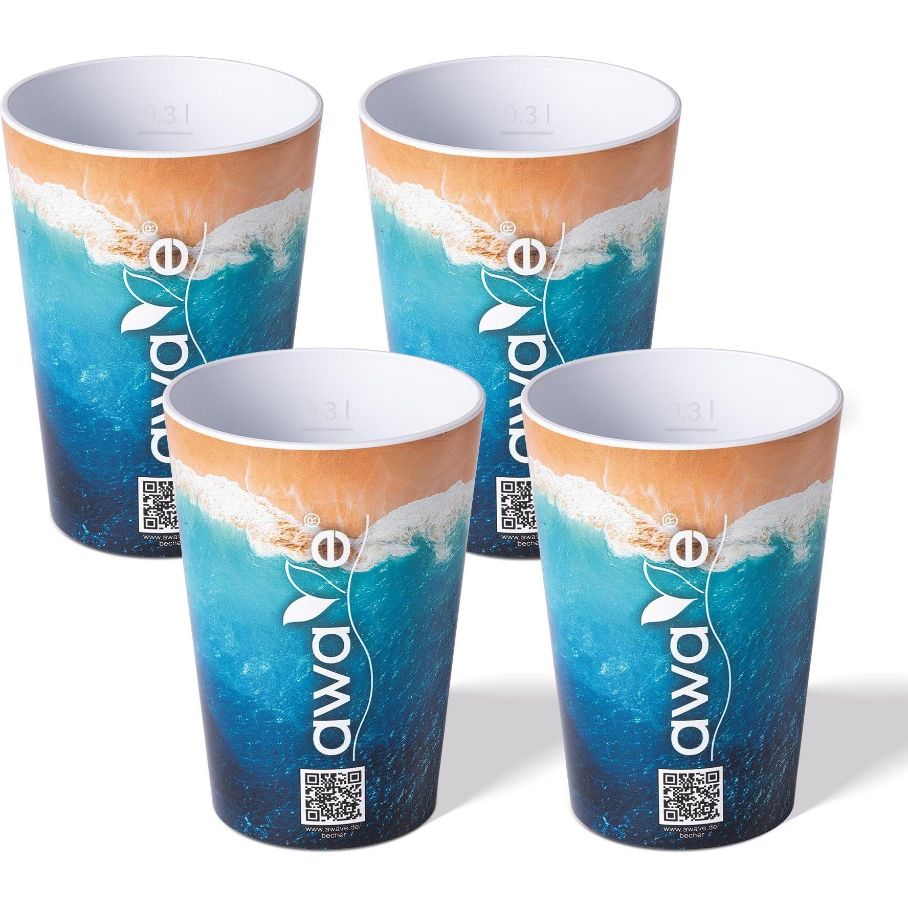 Awave 4tlg. Festival Becher-Set, 300 ml, rPET, mit Eichstrich und Abstandshalter, Ozean Motiv, Trinkgläser, Blau