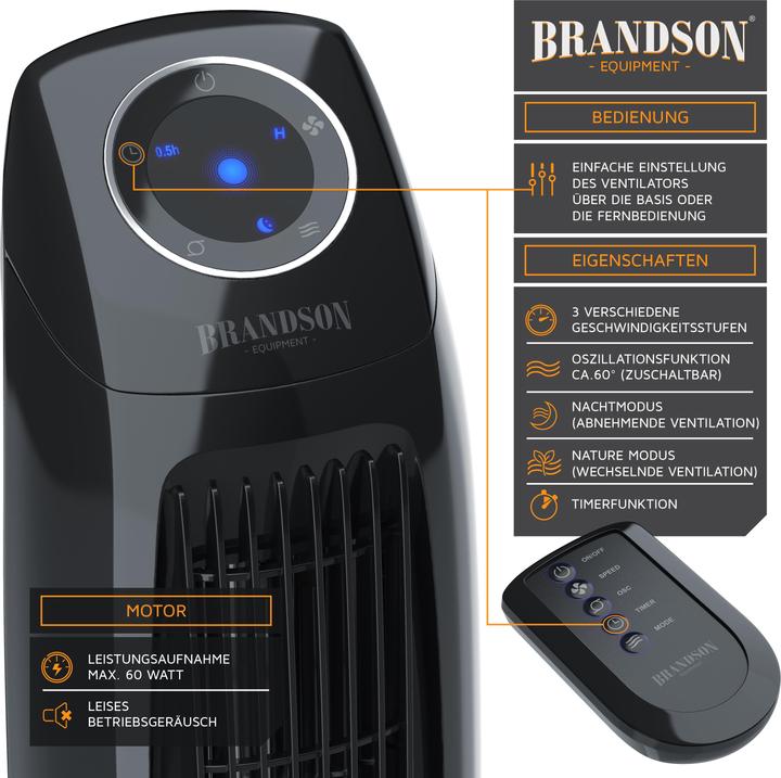 Produktbild Brandson Turmventilator, Fernbedienung, Oszillation, Timer, 60W, Säulenventilator 86cm, schwarz, schwarz (47 dB)