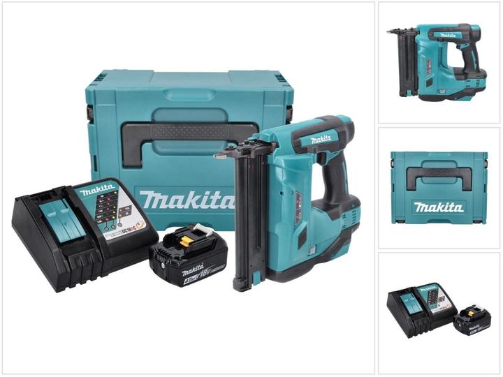 1x Makita DBN 500 cordless upright nailer, 1x BL 1840 B battery with 4 Ah - 18 V, 1x Makita DC 18 RC 7.2 - 18 V battery quick charger for Li-Ion battery (195584-2), 1x Makita Makpac, 1x universal inlay