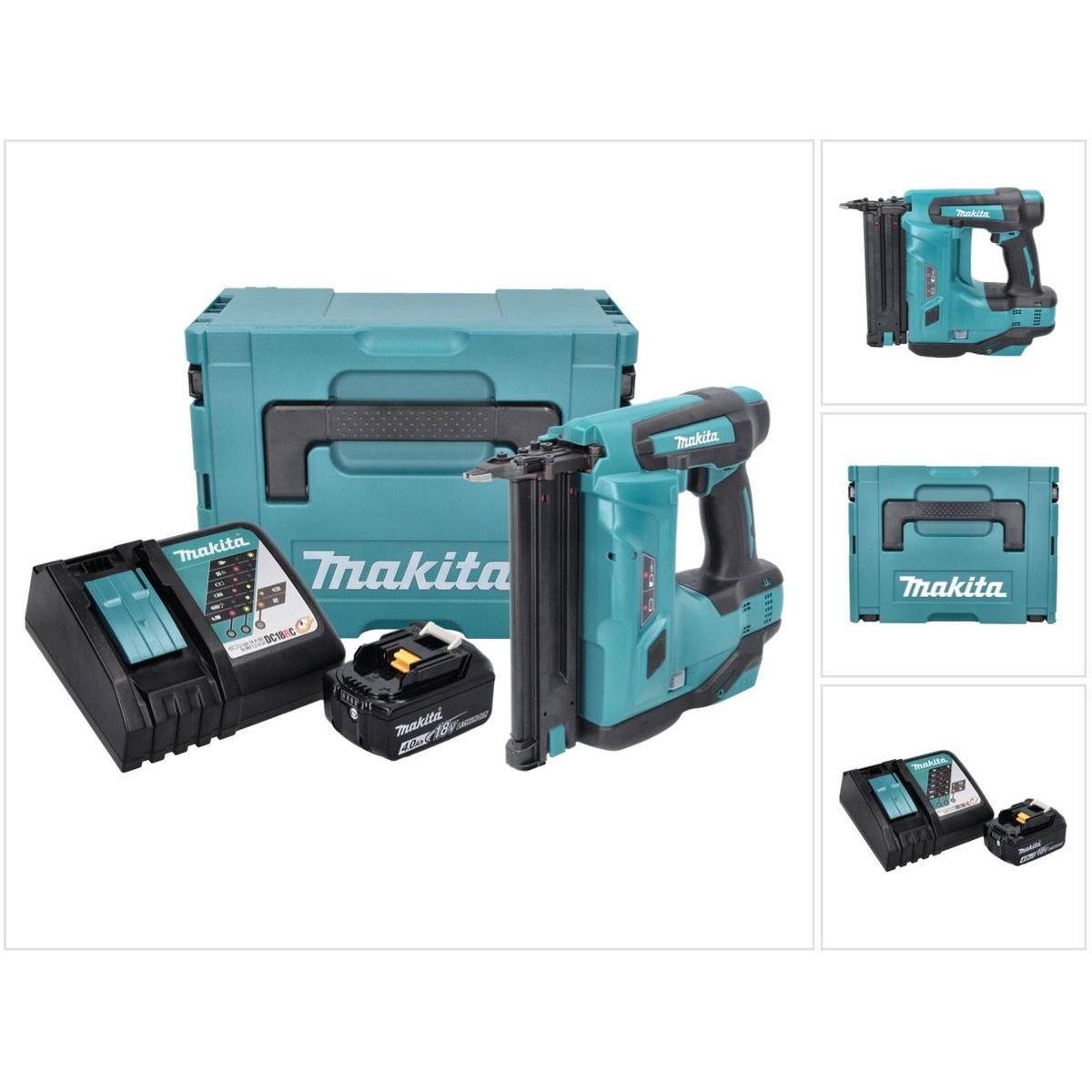 Makita, Tacker + Nagelpistole, DBN 500 RM1J Akku Stauchkopfnagler 15-50 mm 90° 18 V mit 1x 4,0 Ah Akku und Ladegerät im ...