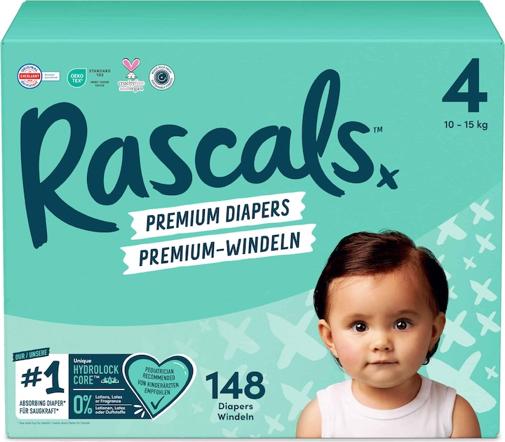 Rascals Couches premium (Taille 4, Pack mensuel, 148 pièce(s))