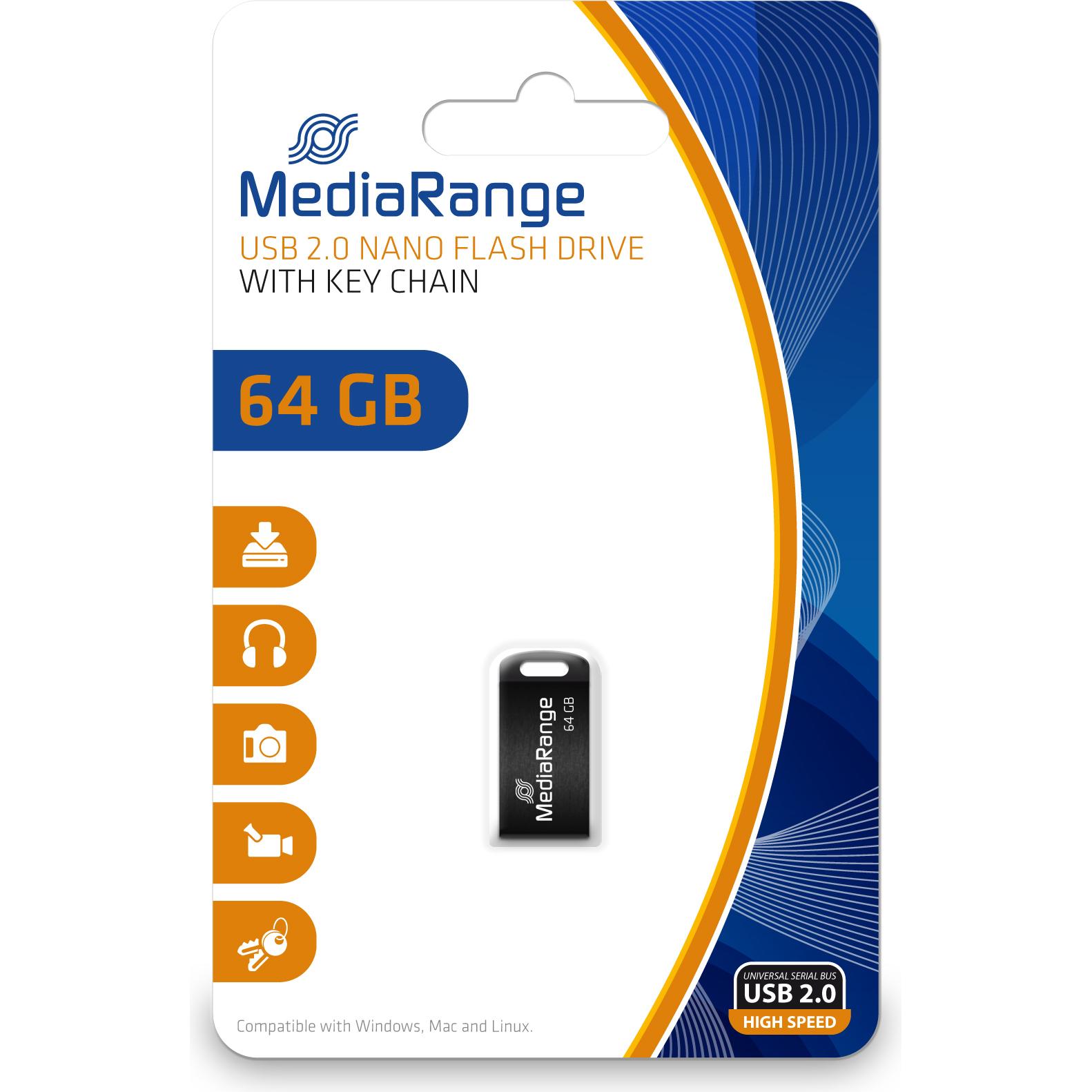 MediaRange Nano USB-Flash-Laufwerk (64 GB, USB-A, USB 2.0), USB Stick, Schwarz