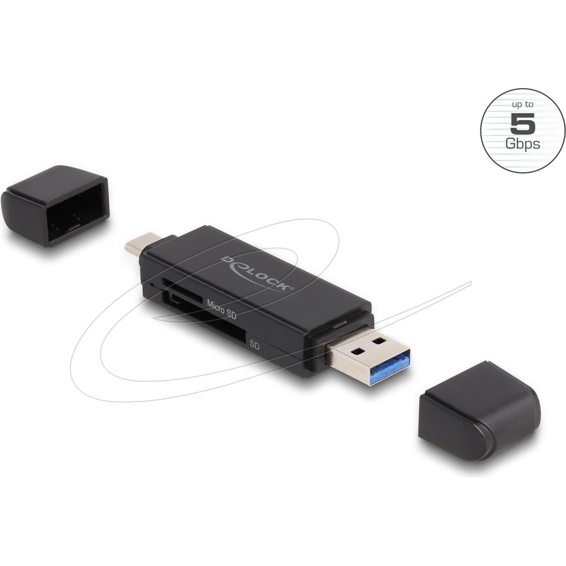 Delock SuperSpeed (USB-C, USB-C 3.2 Gen 1), Lettore di schede di memoria, Nero
