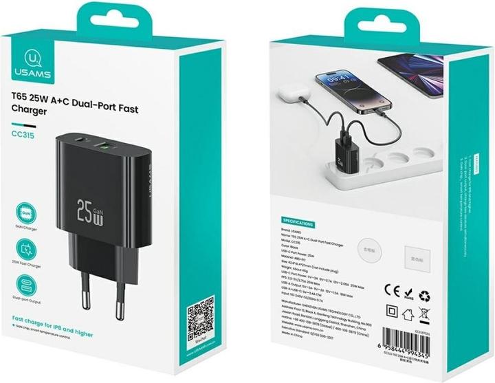 Actual product image Usams Wall Charger CC315 T65 25W 1xUSB-C 1xUSB-A Fast Charging black (25 W, 2 ports)
