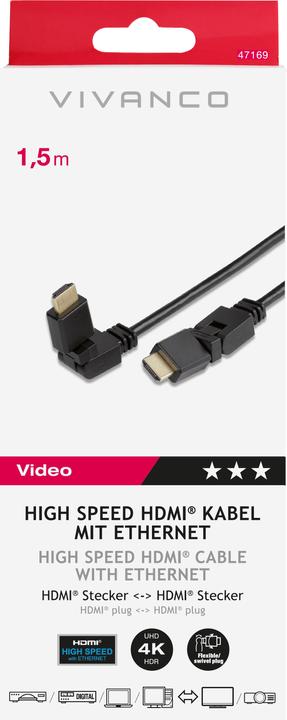 Immagine prodotto Vivanco Cavo HDMI ad alta velocità con Ethernet, 4K UHD, 2x360 gradi HDMI-A maschio, 1,5 m (1.50 m, HDMI)