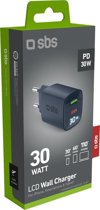 Produktbild SBS Wandladegerät mit LCD-Bildschirm, 1 USB-C-PD-30W-Ausgang, 1 USB-A-18W-Ausgang (30 W)