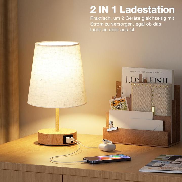 Actual product image Alopini Bedside Lamp Touch Dimmable, USB A+C Charging Function, Table Lamp with Lampshade (E27)