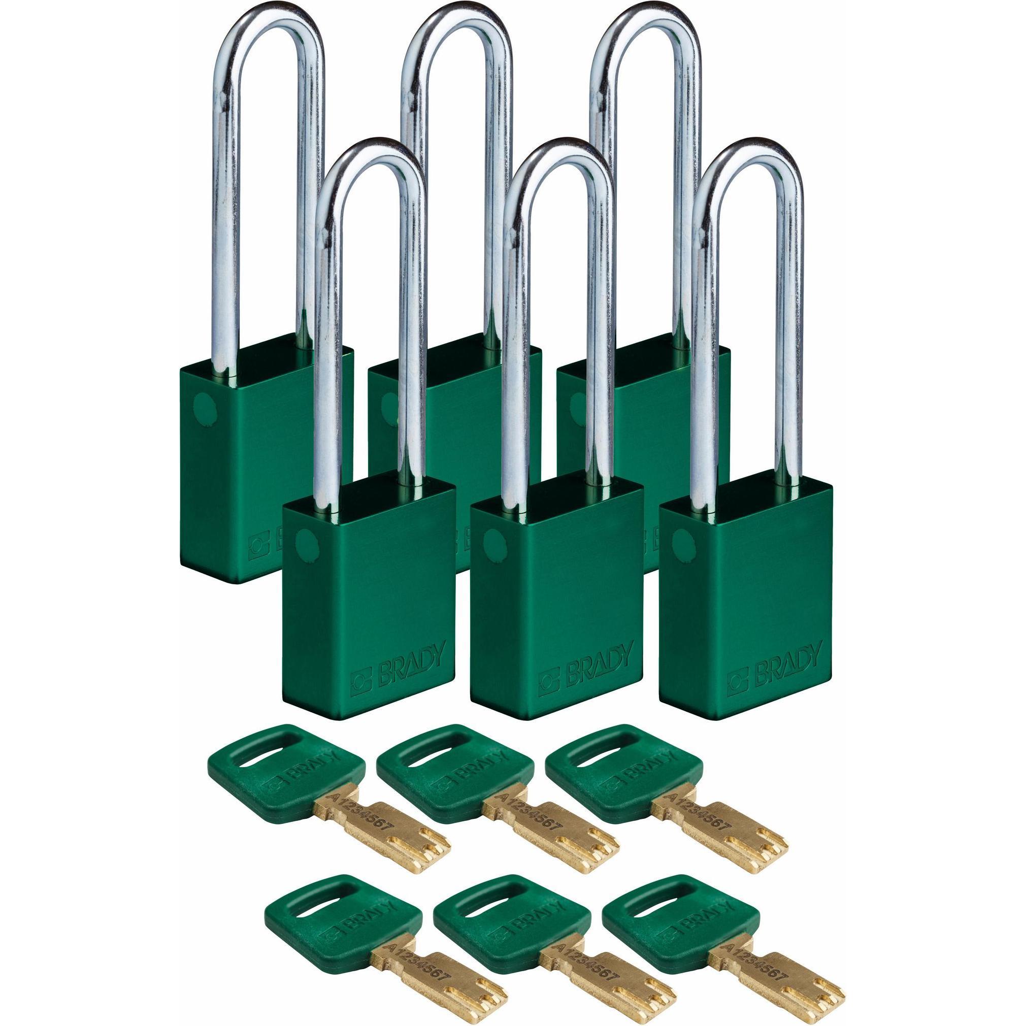 Brady, Vorhängeschloss, Safekey Aluminium-Vorhängeschloss mit Stahlbügel, Grün, 76 mm Bügelhöhe, 6.4 mm Bügeldurchme