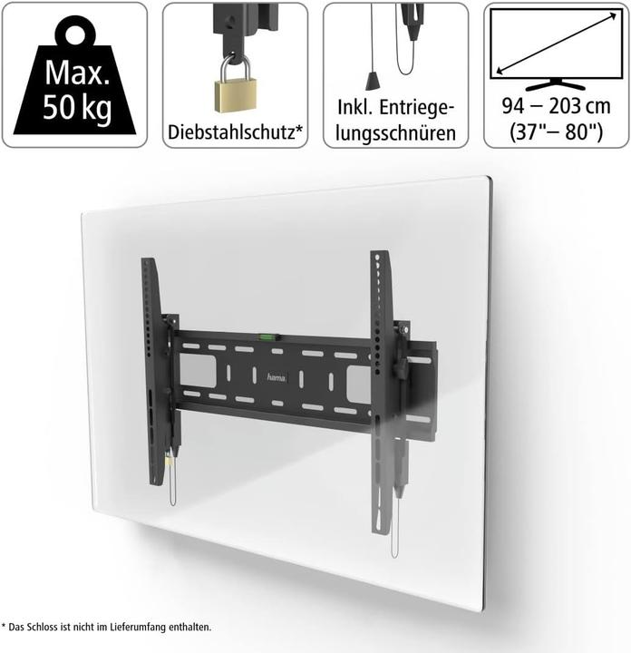Image du produit Hama Support TV mural, inclinable, antivol, 203 cm (80") jusqu'à 50 kg (Mur, 50 kg, 37" - 80")