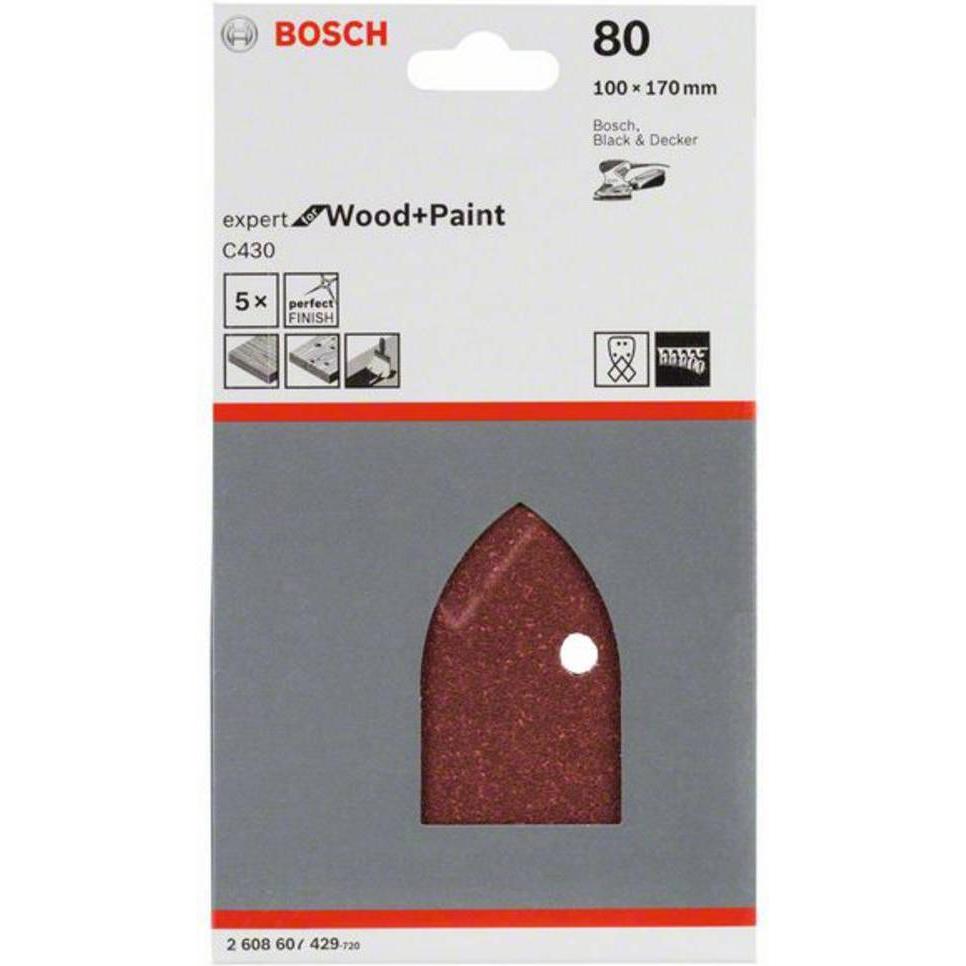Thumbnail - Bosch Professional Zubehör, Schleifmittel, Schleifblatt C430, 100 x 170 mm, 80, 4 Löcher, Klett, 5er-Pack (80)