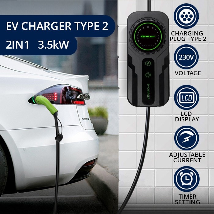 Produktbild Qoltec Mobilna ładowarka do samochodu elektrycznego EV z regulacją 2w1 Typ2 | SCHUKO | 3.5kW | 230V (Typ 2, 3.50 kW, 16 A)