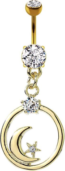 Actual product image Star Piercing Banane vergoldet mit zwei Kugeln Kristall silber Anhänger Kreis Mond und Stern (Brass, Surgical steel 316L)