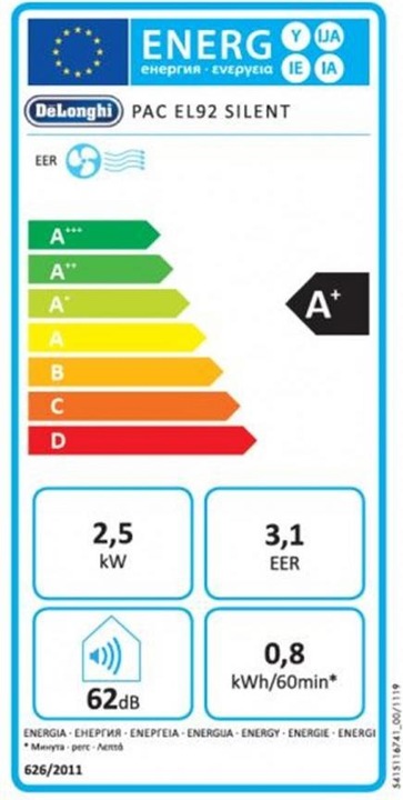 Etichetta energetica De'Longhi Penguino PAC EL92 Silenzioso (35 m², 10000 BTU/h)