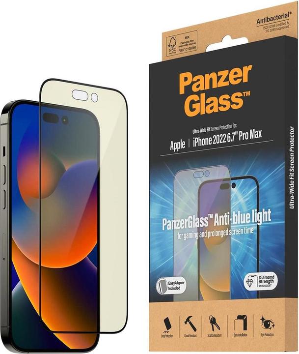 Actual product image PanzerGlass Screen Protector Ultra Wide Anti Bluelight iPhone 14 Pro Max (1 pcs., Apple iPhone 14 Pro Max)