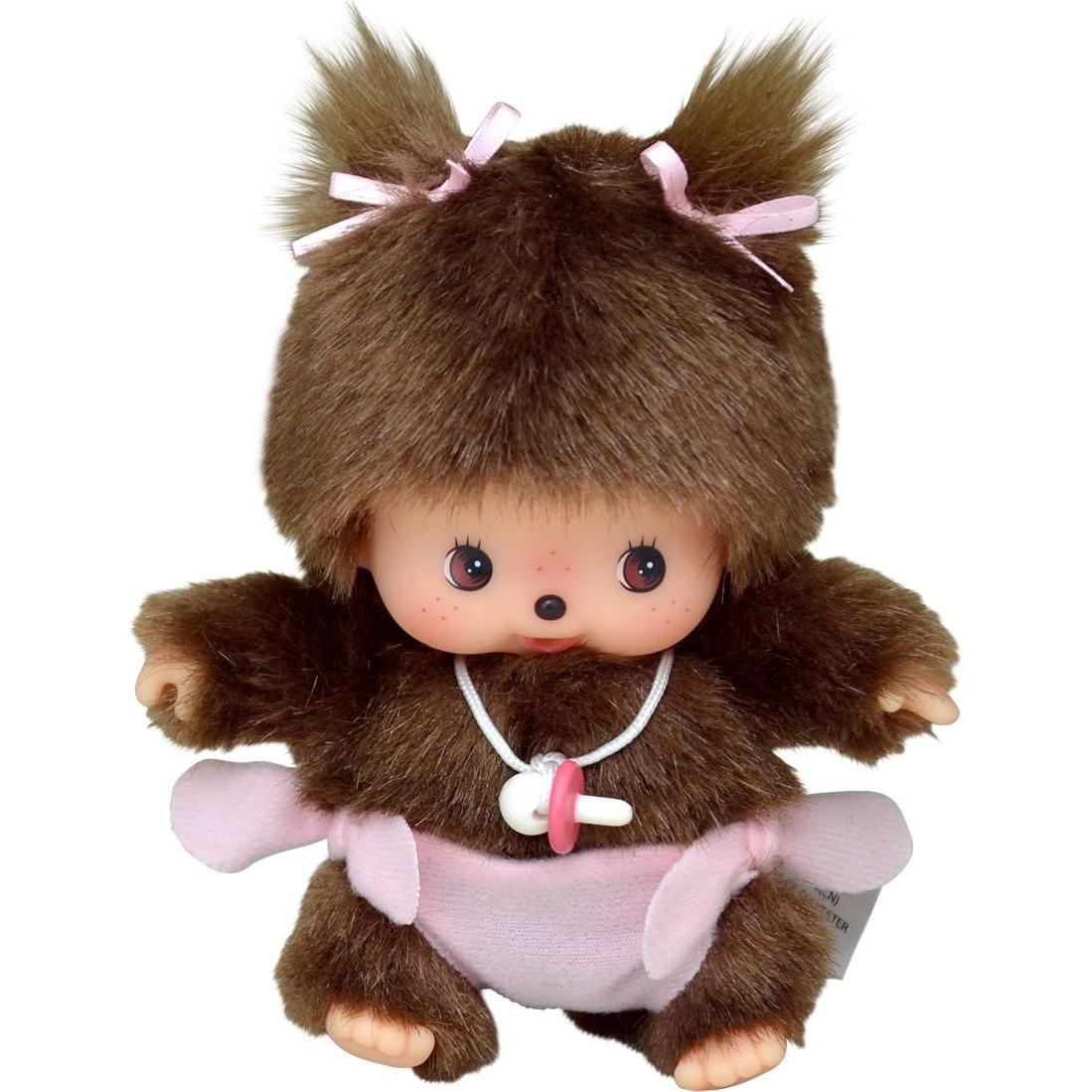 Monchhichi Sekiguchi 235380 Original Bebichhichi Mädchen, aus braunem Plüsch, mit Windel und Zöpfen mit Schleif (16 cm) (235380)