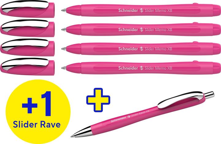 Actual product image Schneider AKTION: Kugelschreiber Slider Memo pink, Schreibfarbe: blau, 4 St. + GRATIS Kuge (Power Pink, 5 x)