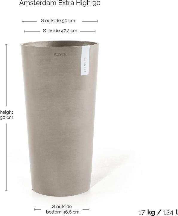 Produktbild Ecopots Amsterdam Extra High 90 Blumentopf - L 49,8 cm x H 91 cm - Innen- und Aussenbereich (49.80 x 49.80 x 91 cm)