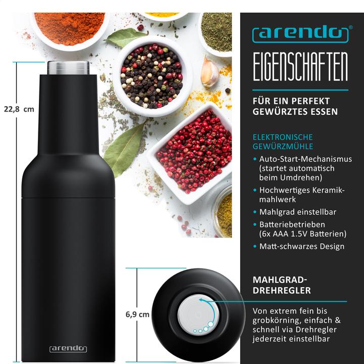 Produktbild Arendo Salz und Pfeffermühle elektrisch, Salzmühle & Pfeffermühle 2er Set, einhändig, Batteriebetrieben (Pfeffer, Salz)