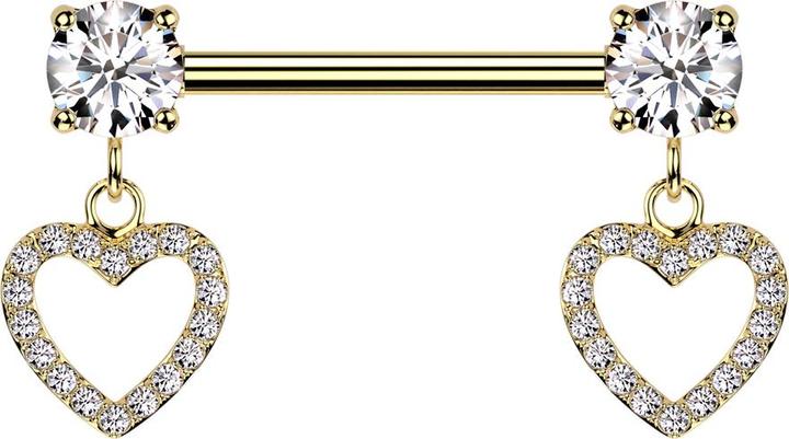 Actual product image Star Piercing Barbell vergoldet mit zwei Kristall silber gefasst Anhänger Herz Kristalle silber (Brass, Surgical steel 316L)
