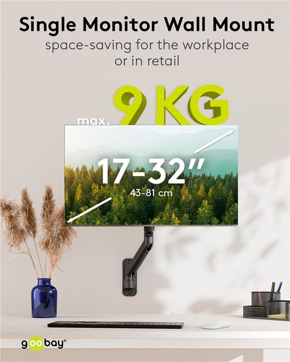 Produktbild Goobay Single-Monitor-Wandhalterung mit mechanischer Feder, schwarz (Wand, 32", 9 kg)