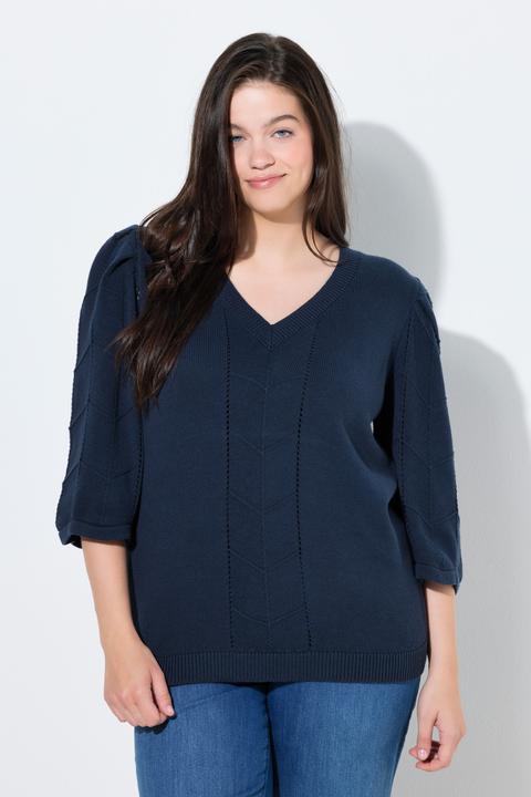 Produktbild Ulla Popken Pullover, Ajourstrick, V-Ausschnitt, 3/4-Arm (56)