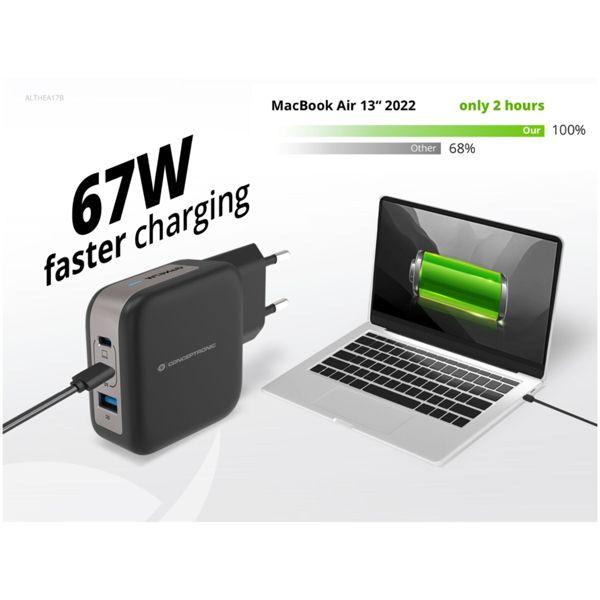 Produktbild Conceptronic Ladegerät 3Port 67W,2xUSB-C,3-in-1 USB-A PD sw (67 W, 3 Ports)