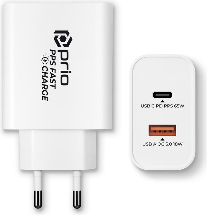 Produktbild prio Fast Charge -Ladegerät 65W PD (USB C) + QC 3.0 (USB A) weiss (65 W)
