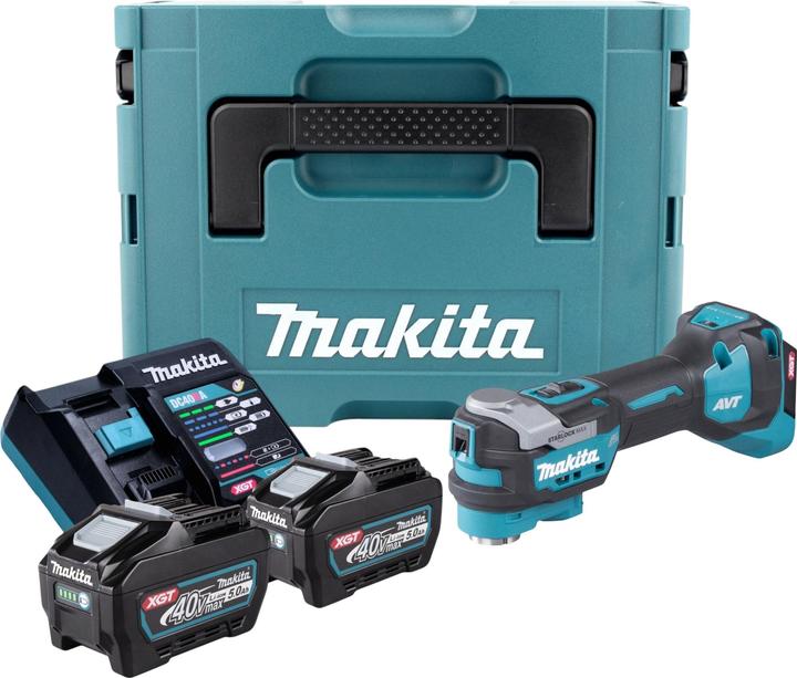 1x Makita TM 001 GZ Akku Multifunktionswerkzeug, 2x Makita BL 4050 F 40 V max. 5,0 Ah, 5000 mAh Li-Ion Akku, 1x Makita DC 40 RA 40 V Schnell Ladegerät, 1x Makita MAKPAC, 1x Universaleinlage
