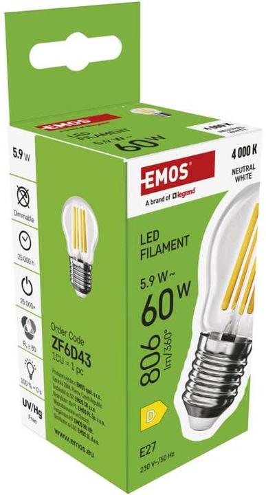 Immagine prodotto Emos Lampada LED Filament Mini Globe / E27 / 5,9 W (60 W) / 806 lm / Bianco neutro (E27, 806 lm, 1 x)