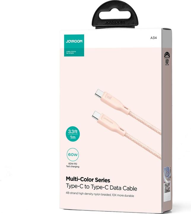 Produktbild Joyroom Multi-Color Series SA34-CC3 USB-C / USB-C 60W Schnellübertragungskabel 1m - Rosa (1 m, USB 3.2 Gen 2, 60 W)
