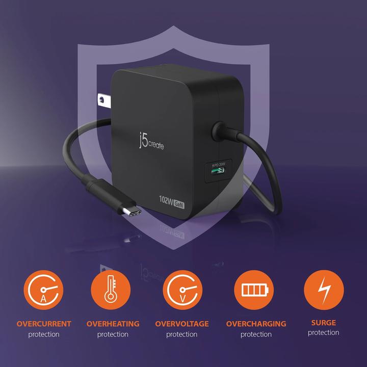 Produktbild j5Create 102-Watt-GaN-PD-USB-C-Reiseladegerät mit 2 Anschlüssen, einschliesslich austauschbaren Netzs (102 W, 2 Ports)