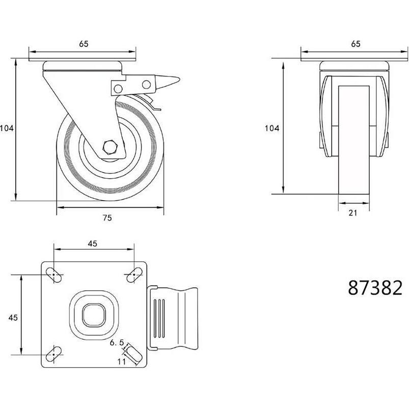 Thumbnail - Toya, Möbelrollen, Lenkrolle mit grauem Gummi und Bremse 75 mm 87382