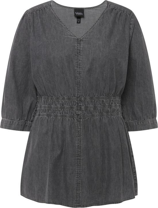 Image du produit Ulla Popken Blouse en jean à col en V et manches 3/4, couture horizontale - silhouette en A (50, 52)