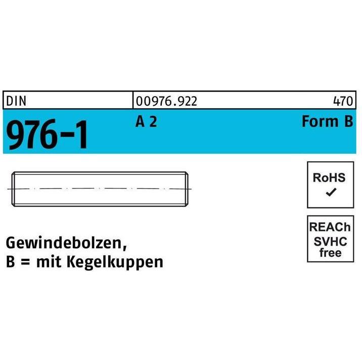 Reyher, Schrauben, Gewindebolzen DIN 976 m.Kegelkuppen BM 10 x 170 A 2 (50 Schrauben pro Stück)