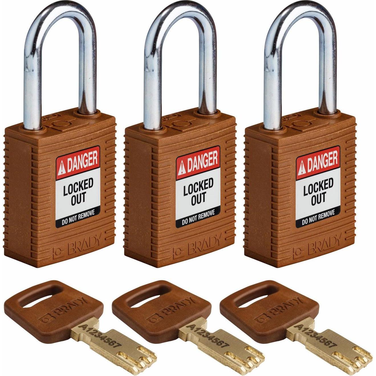 Brady, Vorhängeschloss, Safekey Nylon-Sicherheitsschloss mit Stahlbügel, Braun, 38 mm Bügelhöhe, 6.4 mm Bügeldurchme