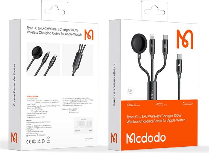 Actual product image Mcdodo 3 in1 Set USB-C to Type-C & Lightning + Wireless Charger for Apple Watch (1.20 m, 100 W)