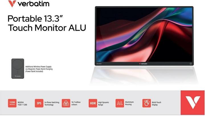Image du produit Verbatim Moniteur tactile portable 13.3" sans fil, banque d'alimentation incluse (1920 x 1200 pixels, 13.30")