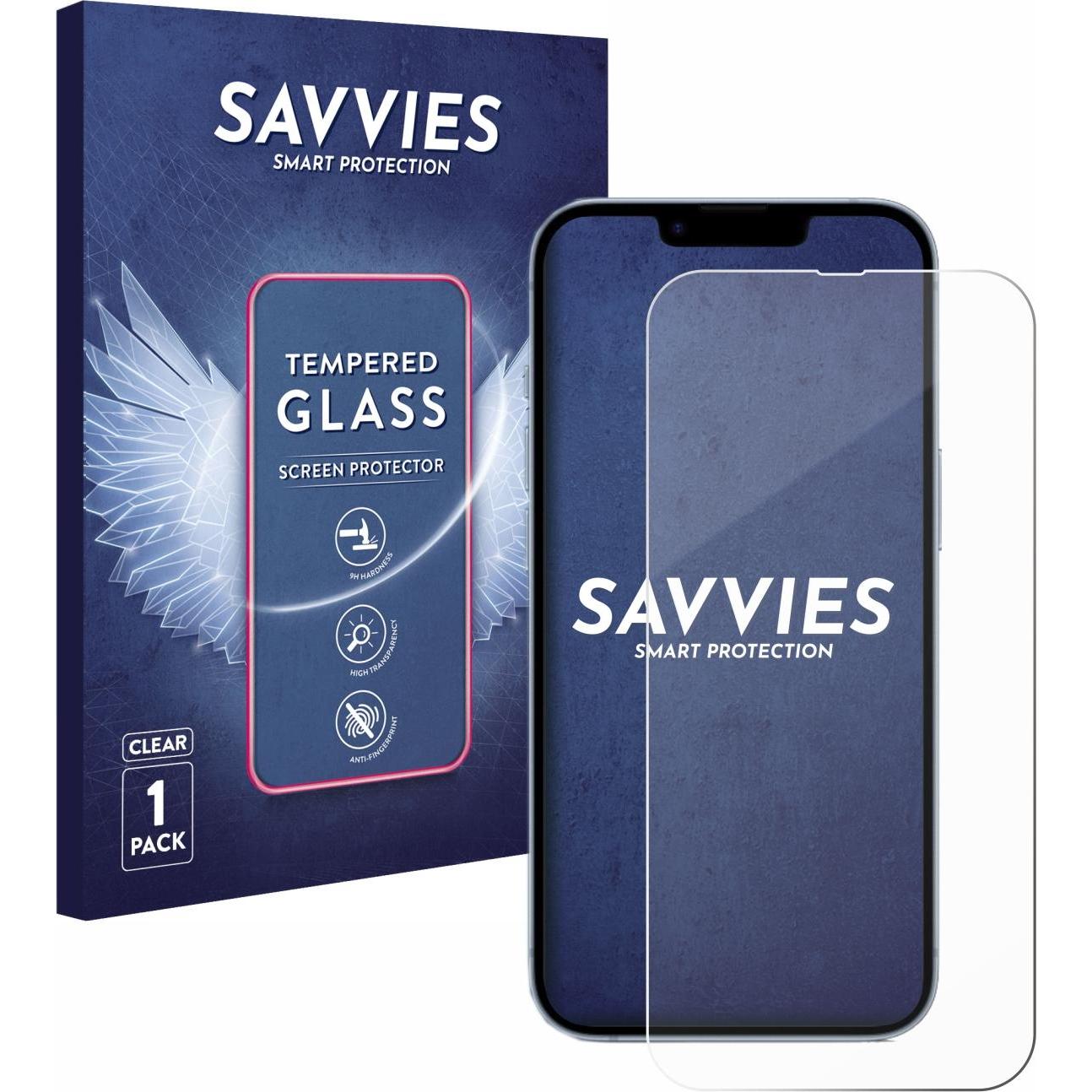 Savvies Panzerglas Hartglas Displayschutz (1 Stück, Apple iPhone 14), Smartphone Schutzfolie, Transparent