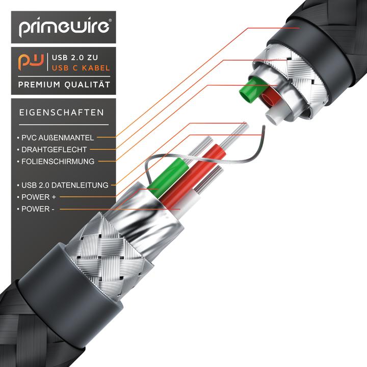 Produktbild Primewire USB-C 3.1 Kabel - Typ C zu Typ A Datenkabel, Ladekabel - Nylonmantel - bidirektional - Geschirmt (1 m, USB 2.0)